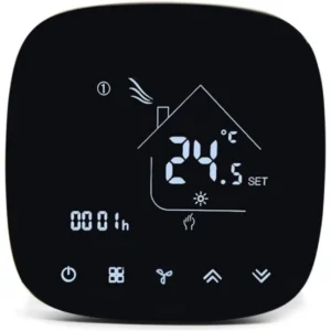 Close-up view of a smart AC thermostat with a digital display showing 24.5 degrees Celsius and control icons.
