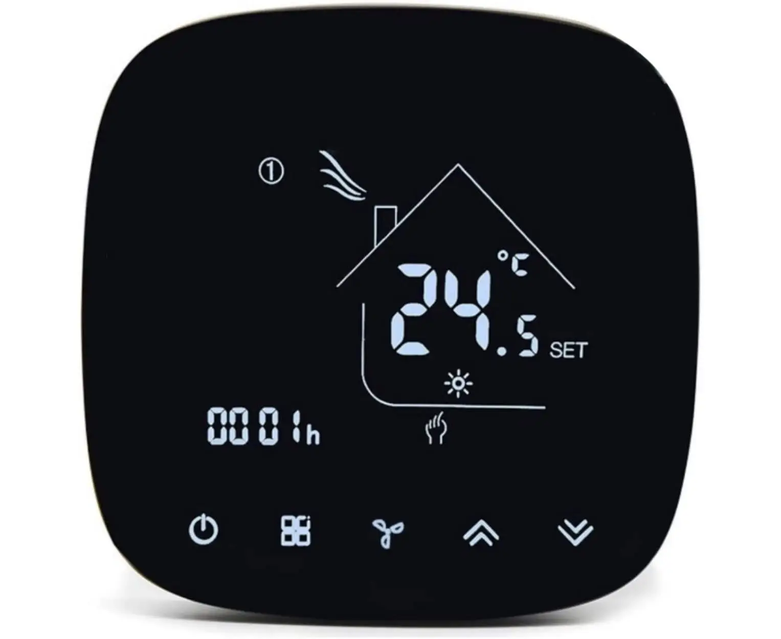Close-up view of a smart AC thermostat with a digital display showing 24.5 degrees Celsius and control icons.