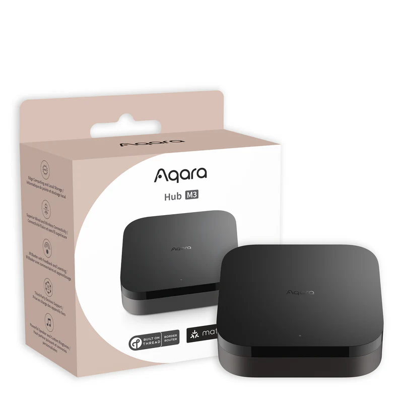 Aqara Hub M3 retail box and smart hub front view
