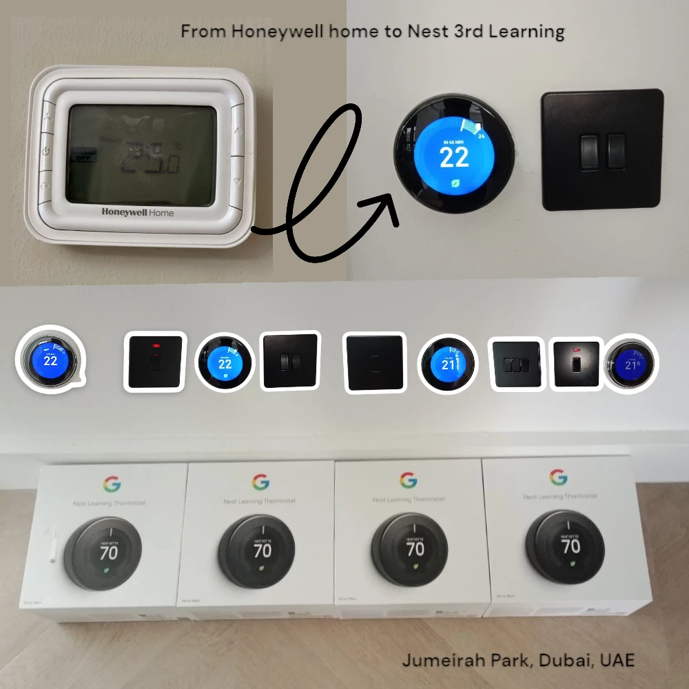 Nest thermostat installed after replacing Honeywell thermostat in Jumeirah Park Dubai