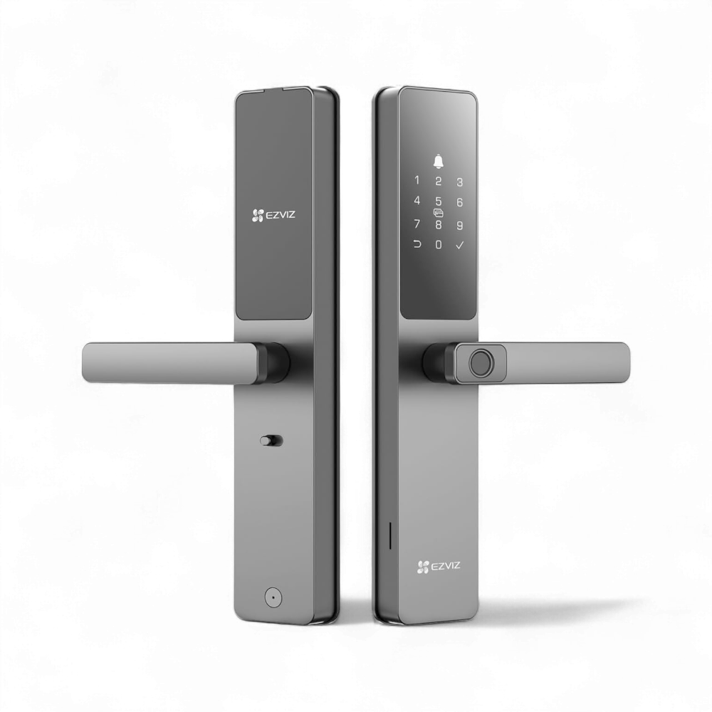 EZVIZ DL05 smart lock front and rear panels in grey aluminum
