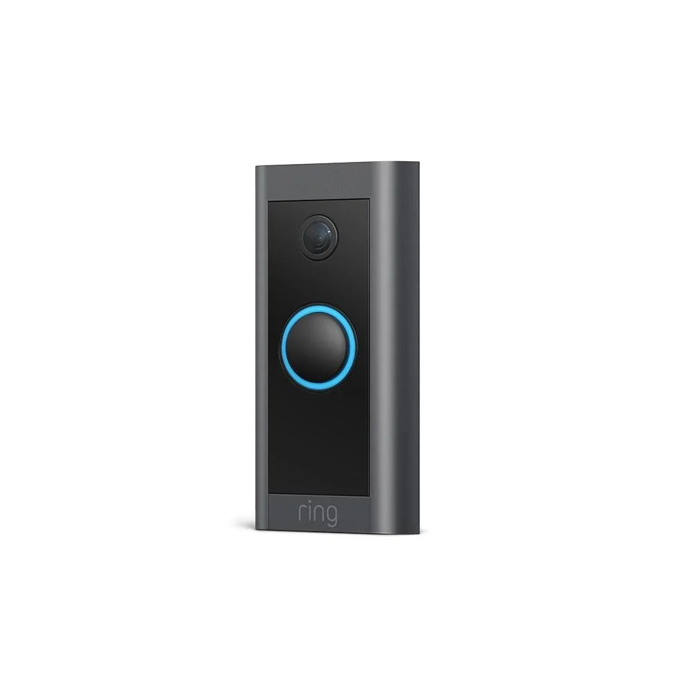 Wired Video Doorbell with illuminated blue ring button.